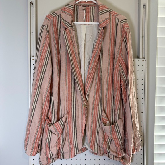 Free People Simply Stripe One Button Blazer Jacket Women's Pink Linen Medium - Picture 2 of 14